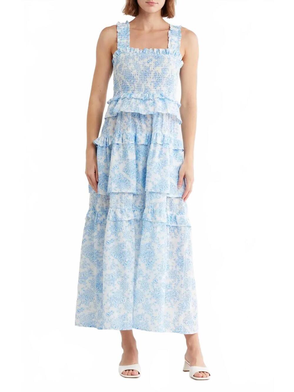 Maisie 100% Cotton Floral Smocked Ruffle Cotton Maxi Dress NWT Blue White XS